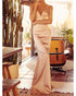 Sexy Champagne Satin Sheath Prom Dresses Spaghetti Straps Long Evening Gowns Backless